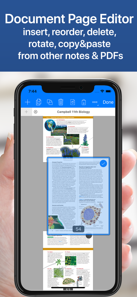 iPhone에서 PDF 페이지 재정렬 및 삭제를 위한 Notes Writer Pro 앱의 문서 페이지 편집기 표시