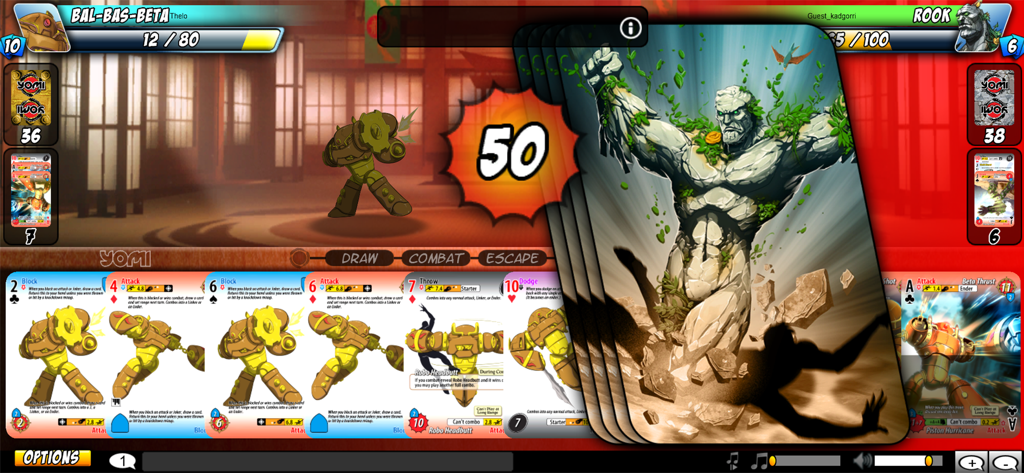 Yomi - Screenshot di gioco del gioco di carte Yomi che presenta una battaglia tra Bal-Bas-Beta e Rook con carte personaggio e barre della salute.