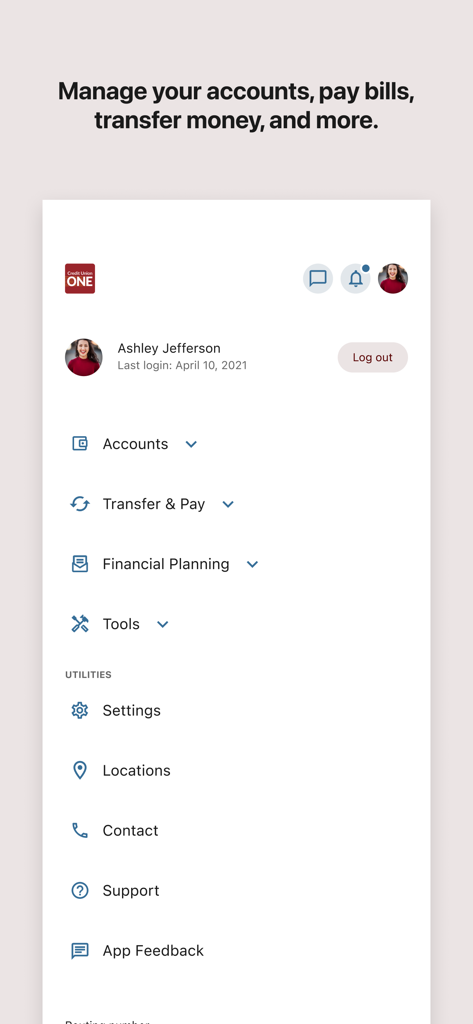 Credit Union ONE Michigan mobile app dashboard showing account management and financial planning options