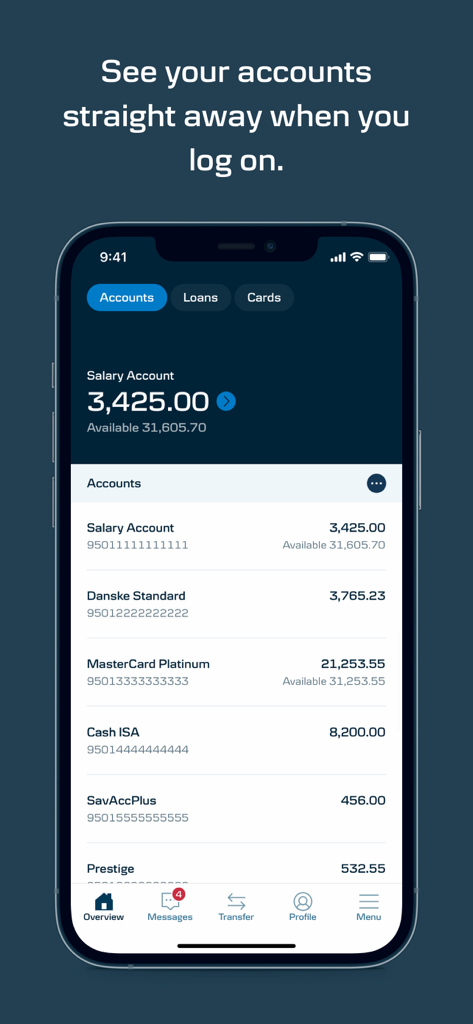 Panel de la aplicación móvil Danske Bank UK que muestra los saldos de varias cuentas bancarias.