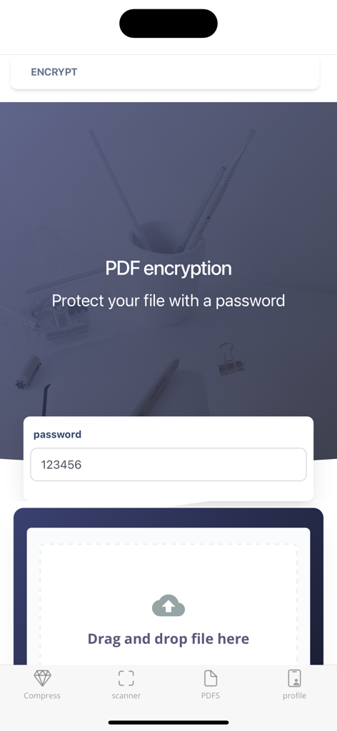 PDF Scanner Converter & Editor - Mobile App-Oberfläche für PDF-Verschlüsselung und Passwortschutz