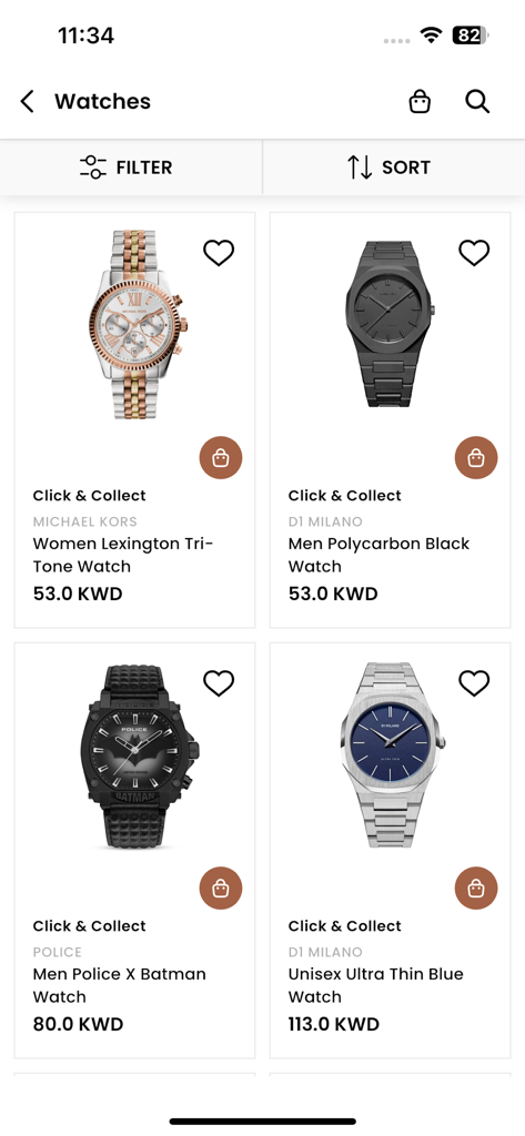 Ontime Online Shopping - Ontimeアプリのインターフェース。男性と女性向けの厳選された高級時計コレクションが表示されています。