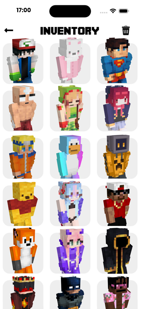 SkinCraft- Skins for Minecraft - Una cuadrícula que muestra varias skins de personajes de Minecraft en la pantalla de inventario de la app.