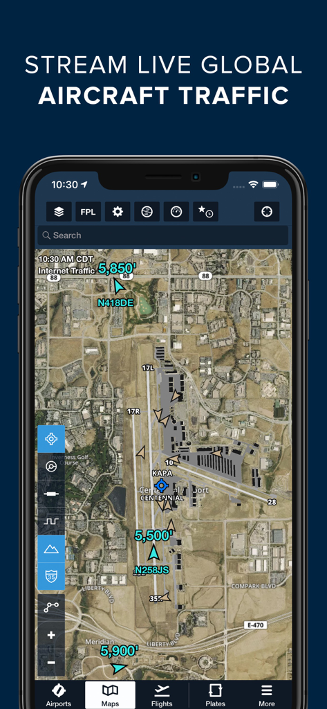 ForeFlight Mobile EFB - ForeFlight app displaying live global aircraft traffic over an airport satellite map