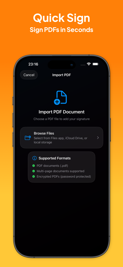 Signature Maker - eSign Create - The import PDF document screen in the Signature Maker app interface showing browse files and supported formats.