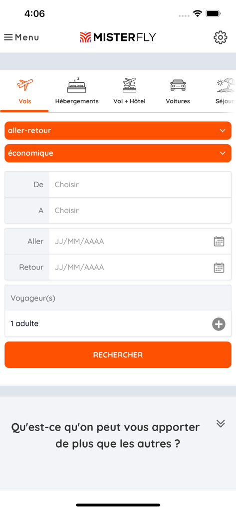 MisterFly - MisterFly mobile app interface showing a flight search form with options for round-trip and economy class.