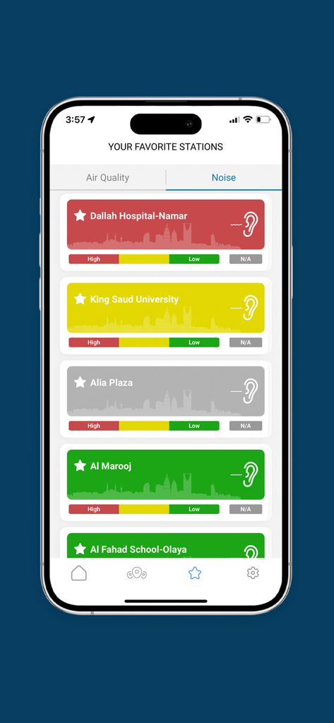 Riyadh app dashboard showing real time noise levels at favorite stations
