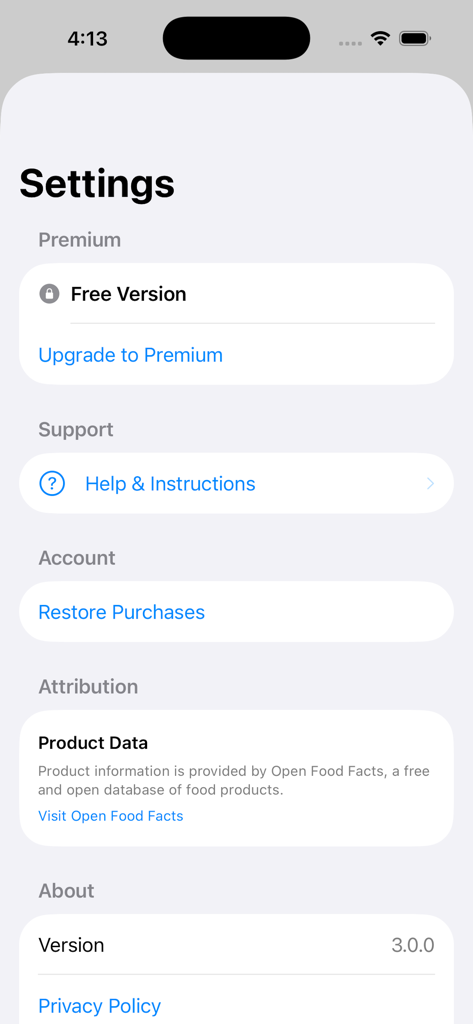 Smart Grocery Tracker - Settings screen of the Smart Grocery Tracker mobile app showing premium upgrade and privacy policy options