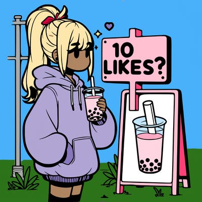 girl with oversized hoodie drinking boba and she has a high ponytail with a sign that says 10likes?