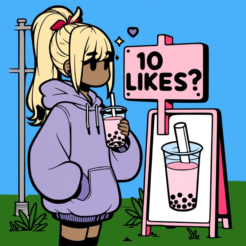 girl with oversized hoodie drinking boba and she has a high ponytail with a sign that says 10likes?