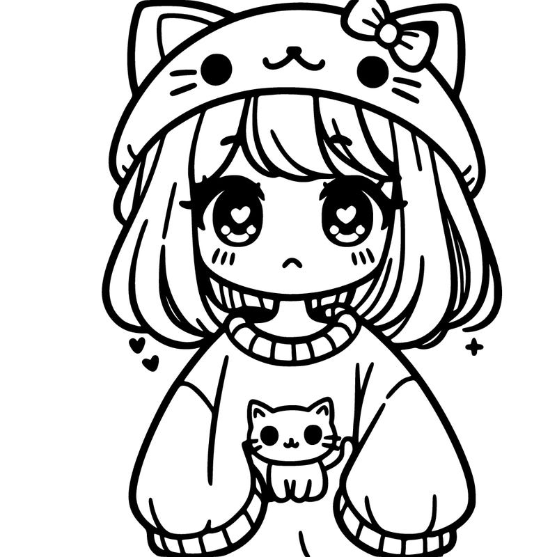 cute girl with an oversized cat sweatshirt and a cat hat