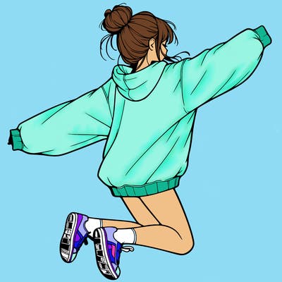 realistic girl jumping with a bun and oversized sweatshirt