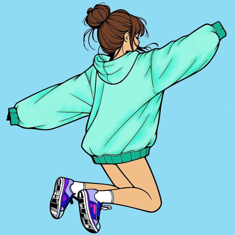 realistic girl jumping with a bun and oversized sweatshirt