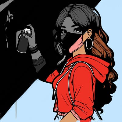 realistic girl with mask spray painting a wall