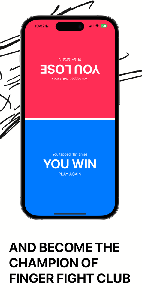 Finger Fight Club - A split screen display showing a win and loss message for two players in the Finger Fight Club game.