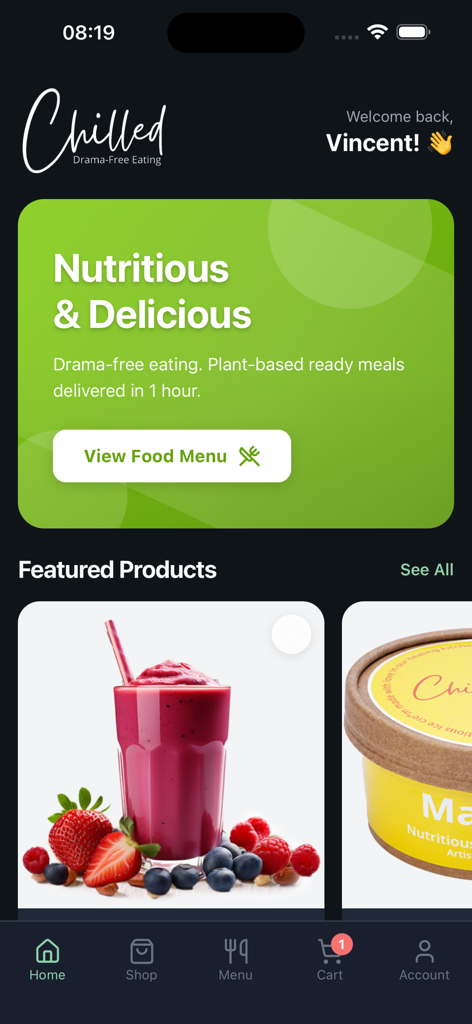 Chilled - Home screen of the Chilled app featuring plant based ready meals and smoothies