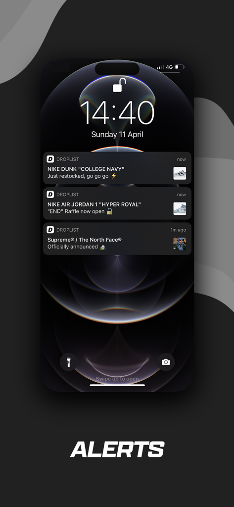 Droplist - Smartphone lock screen showing Droplist app push notifications for Nike sneaker restocks and raffles