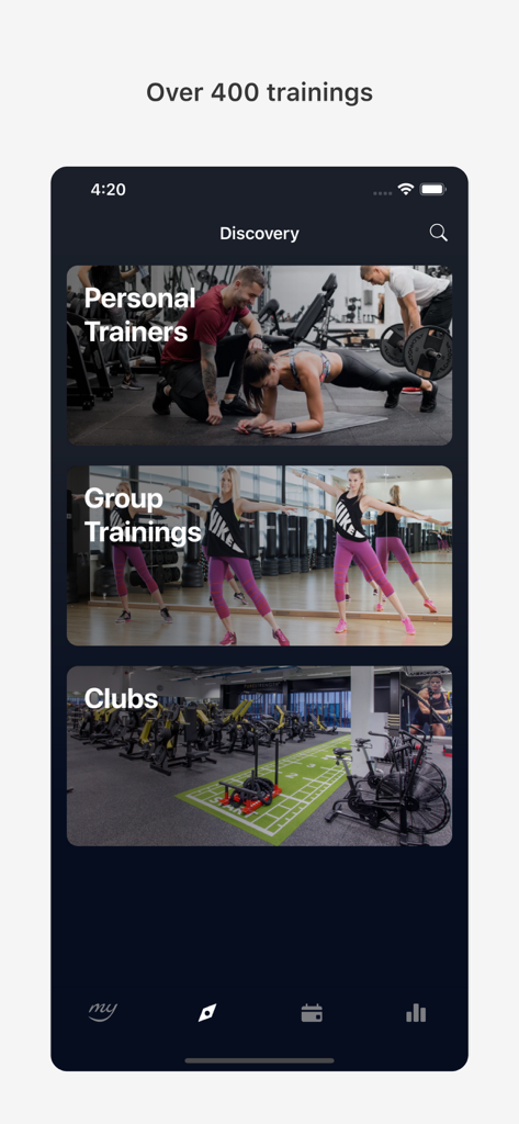 Ecrã de descoberta da aplicação MyFitness com treinadores pessoais, treinos em grupo e locais de clubes.