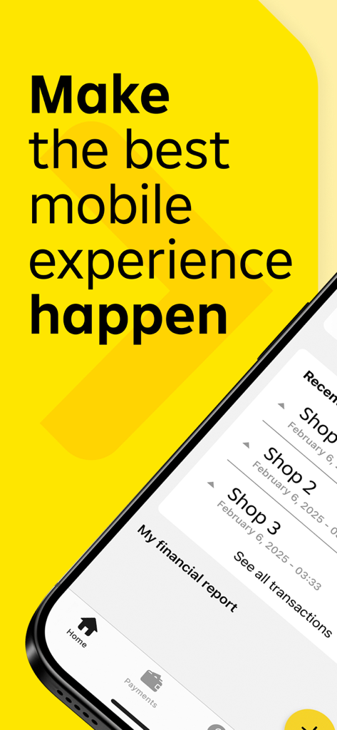 Raiffeisen Mobile Banking - Raiffeisen Mobile Banking App-Anzeige mit den letzten Transaktionen und einem Marketingslogan auf gelbem Hintergrund