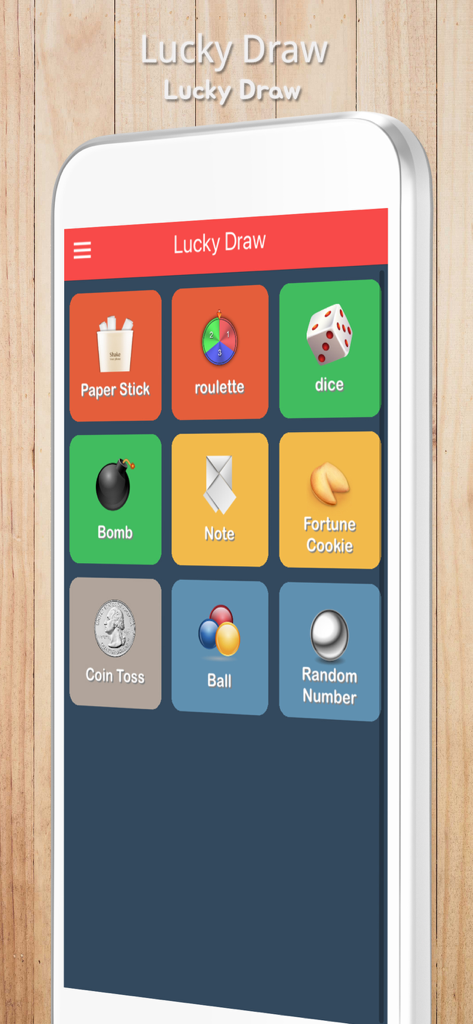 Lucky Draw - Draw Straws - Lucky Draw app home screen showing decision making game modes like Paper Stick Bomb and Fortune Cookie