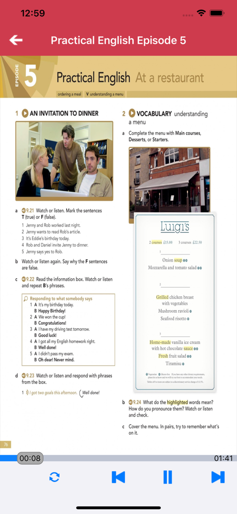 牛津英语 English File -Elementary - A digital textbook page from the English File app showing a lesson on ordering at a restaurant with vocabulary and dialogue exercises.