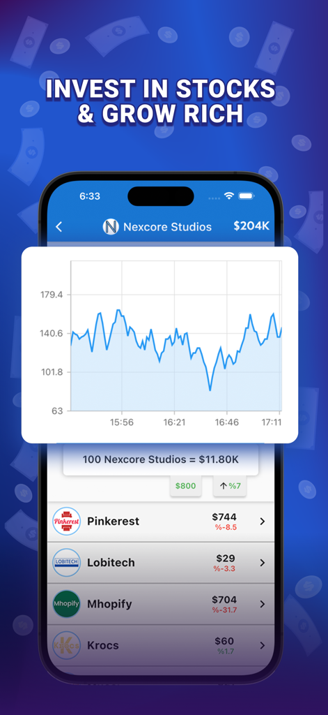 Business Tycoon: Idle Clicker - Mobile game interface showing stock price charts and investment options in Business Tycoon