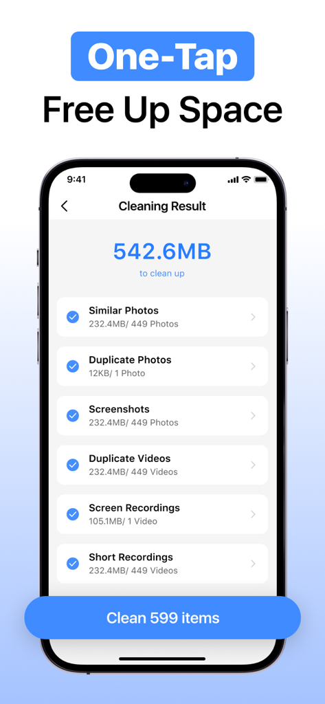 Interface showing storage cleaning results for similar photos and duplicates in the Cleaner app.