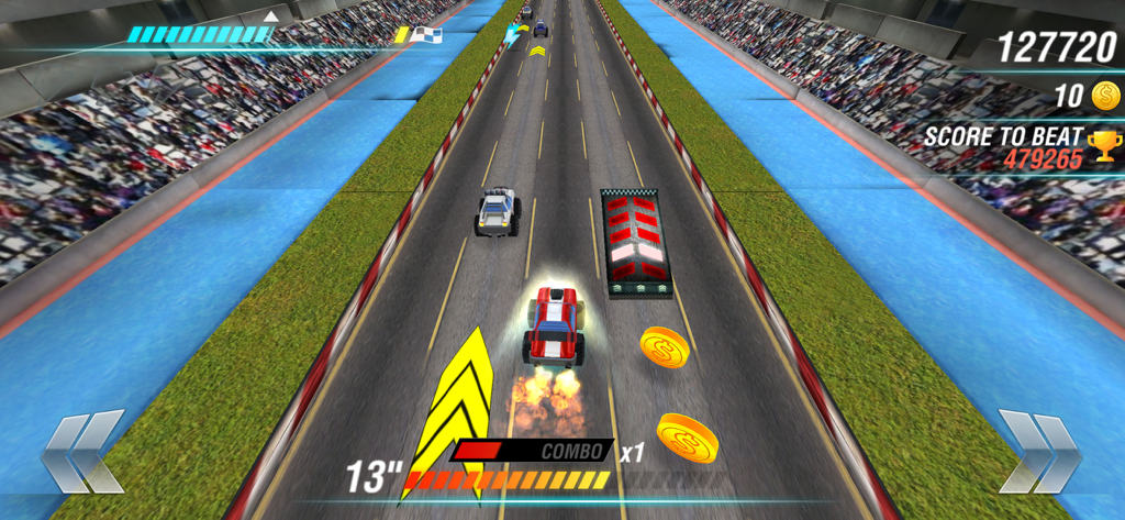 Lightning Racing Cars: Pursuit - Action screenshot of a red cartoon car racing on a track, collecting coins and navigating lanes.
