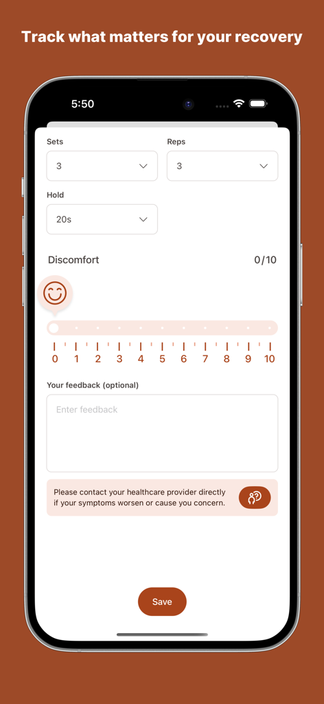 Virtual Lucy - Interfaz móvil de la aplicación Virtual Lucy mostrando el seguimiento de series de ejercicios, repeticiones y niveles de incomodidad del paciente