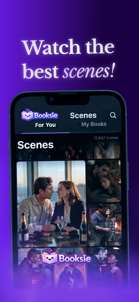 Booksie - Mobile screen of Booksie app displaying a collection of AI-generated visual book scenes from romance and fantasy stories