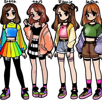 one girl with crop-top shirt and a jacket with a skirt, long socks and another girl with a shirt and pants with a jacket