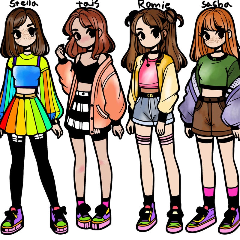 one girl with crop-top shirt and a jacket with a skirt, long socks and another girl with a shirt and pants with a jacket