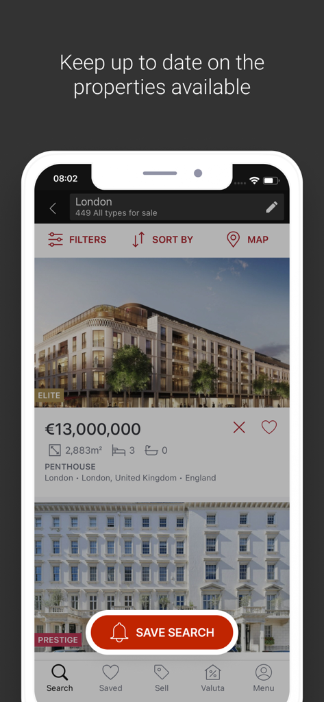 LuxuryEstate app showing high-end property listings in London