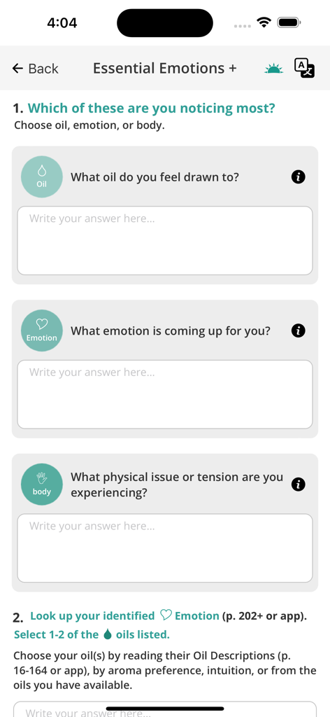 Essential Emotions app interface for identifying oils emotions and physical concerns