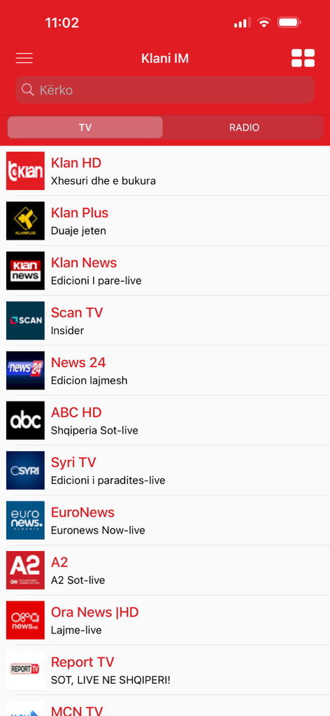 Klani IM - Klani IM mobile app interface showing a list of live Albanian TV channels like Klan HD and Klan News.