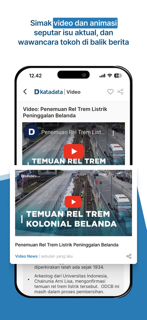 Katadata - A mobile app screen for Katadata showing the video section with news reports and interviews