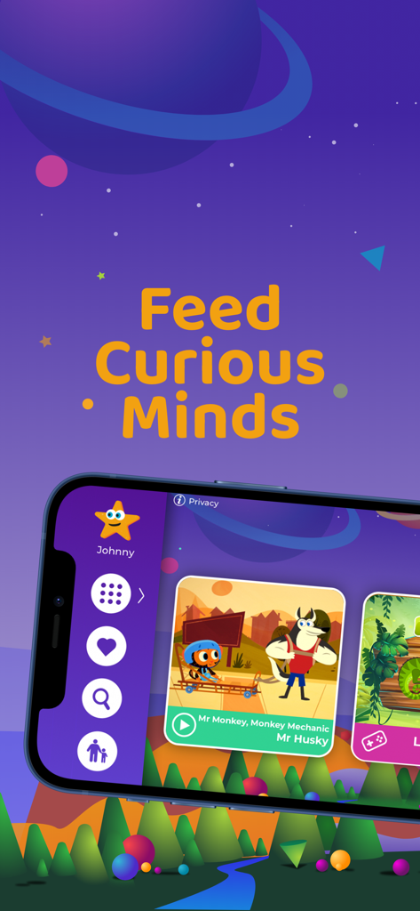 Smartphone screen displaying the Curious World app interface with the slogan Feed Curious Minds and educational kids videos.