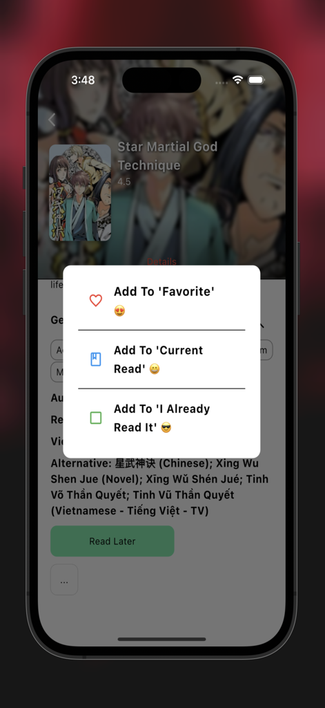 Interface de l'application MangaGo montrant un menu contextuel avec des options pour ajouter un titre de manga aux listes Favoris, Lecture en cours ou Déjà lu