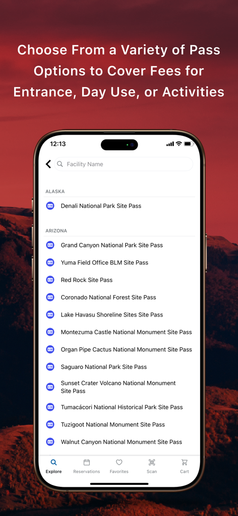 Mobile app screen showing a list of site passes for US national parks like Grand Canyon and Denali.