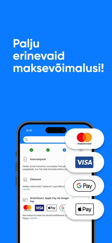 Checkout screen of the Kaup24 app showing various secure payment methods including Mastercard, Visa, Google Pay, and Apple Pay.
