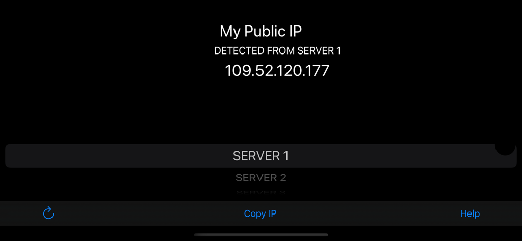 My Public IP - Interface de l'application Mon IP Publique affichant une adresse IP publique détectée et des options de sélection de serveur