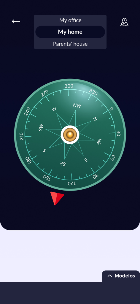 Simple Digital compass for you - Interface of the digital compass app showing a green compass rose and a menu for saved locations like home and office