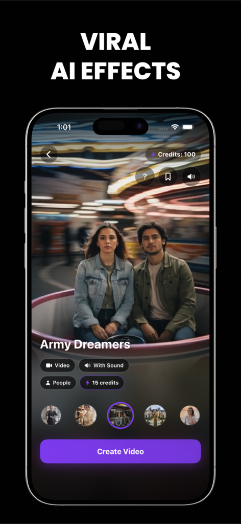 Tooner AI: Photo Editor - Tooner AI app interface showing viral AI video effects and motion filters for social media
