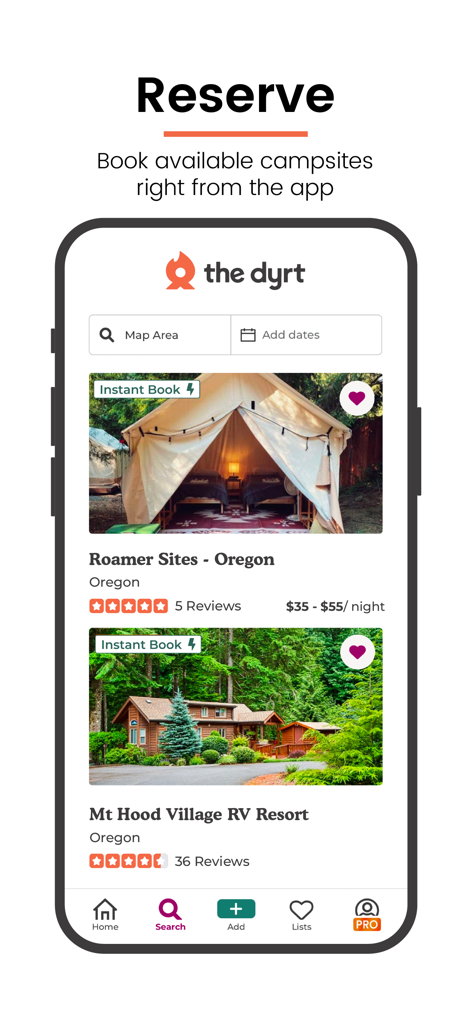 The Dyrt mobile app screen showing listings for glamping and RV resorts with instant booking options