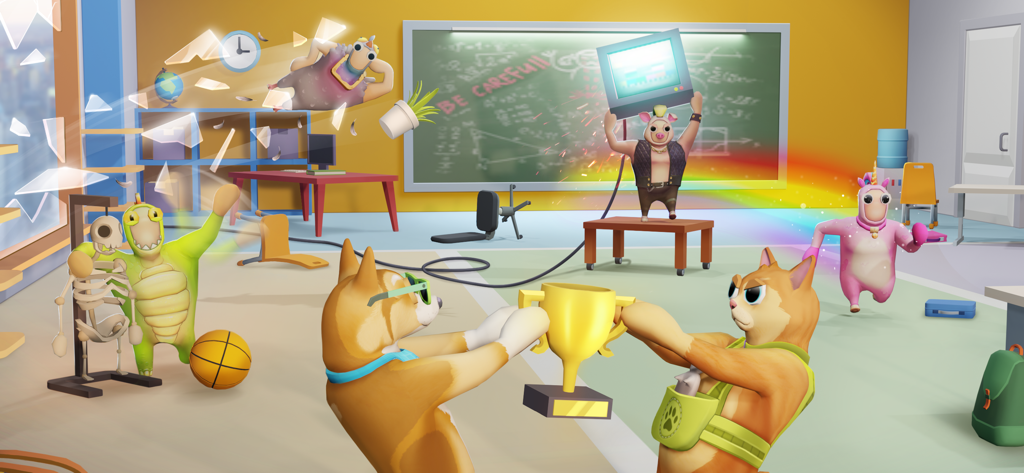 Gang Battle Party: Playground - 혼란스러운 교실 놀이터 장면에서 황금 트로피를 들고 있는 기괴한 동물 캐릭터들