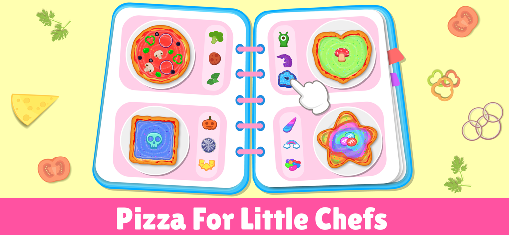 Pizza Maker Kids Cooking Games - A colorful digital menu showing creative pizza themes like Halloween and Unicorn for little chefs