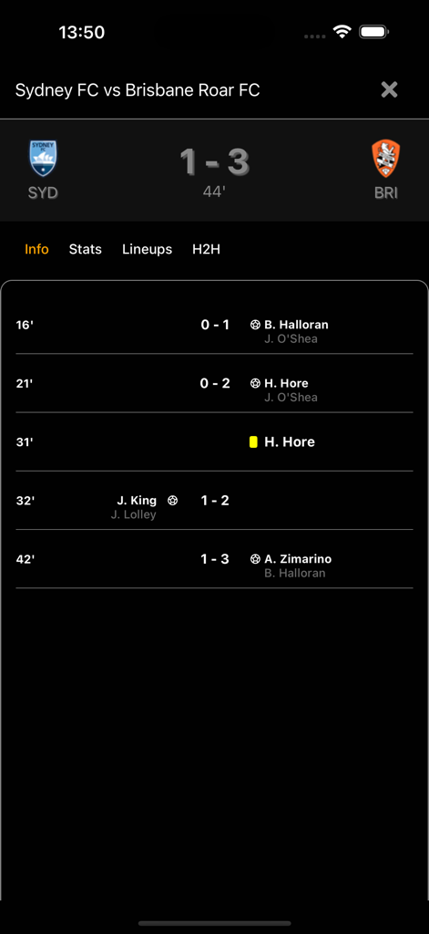 Football Score Live - 축구 라이브 스코어 앱 화면에 시드니 FC 대 브리즈번 로어 FC 경기 시간대 및 점수 표시