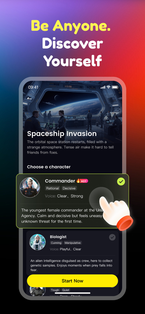 Oumi app character selection screen for a spaceship invasion story showing Commander and Biologist roles.