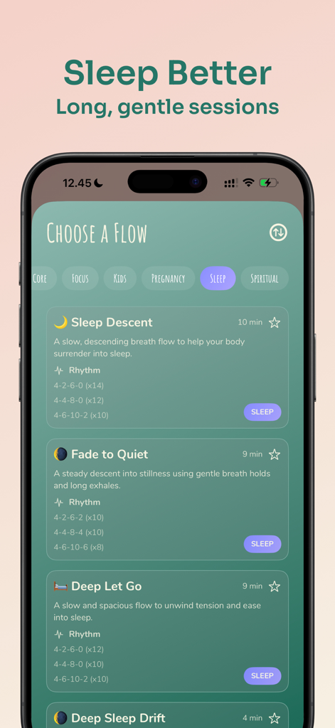 Paced Breathing - Breath Coach - A smartphone interface of the Paced Breathing app showing various sleep breathing exercise flows like Sleep Descent and Fade to Quiet