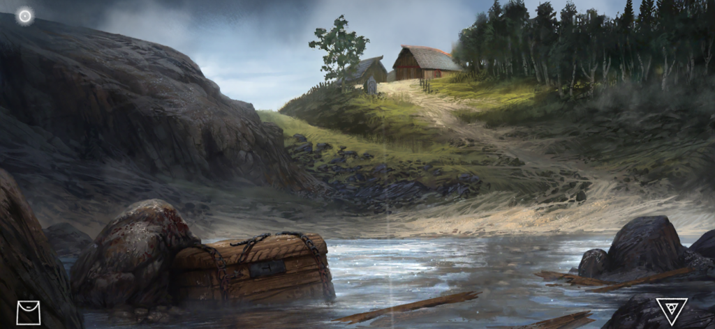 The Frostrune - Hand painted Norse landscape with a chained wooden chest on a shoreline and a village in the background